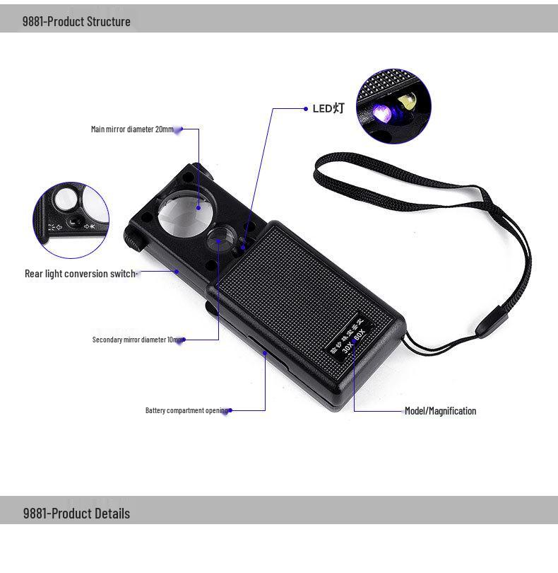 30-60x HD LED Mini Tragbare Lupe für Schmuck, Jade, Kalligraphie, Malerei, Briefmarken und geologische Inspektion.