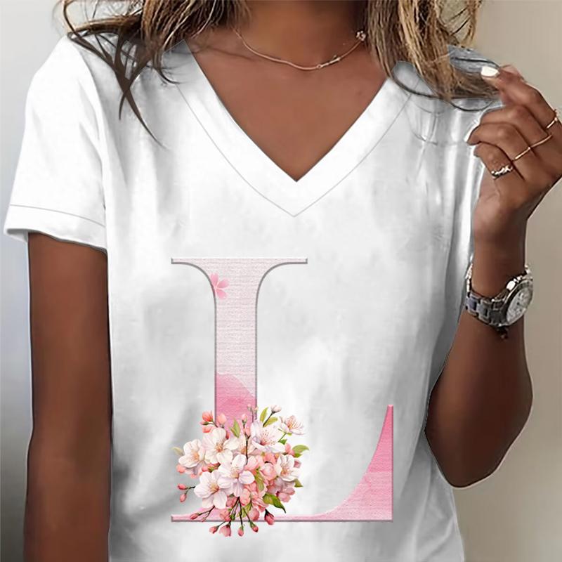 Pink Sakura 26 Alphabet Fashion Casual Tops Unisex Cherry Blossom Lover Vneck Short Sleeve Tshirt Letter R Floral Gift Clothing