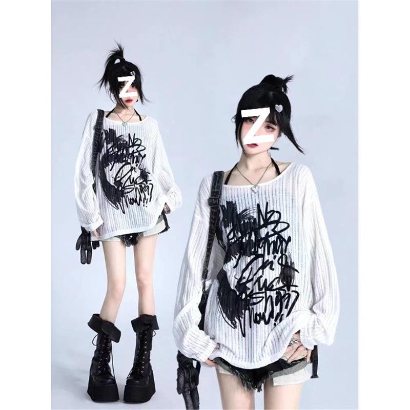 

Women s Graffiti Print Long Sleeve Loose Knit White Summer Cover-up Top Extra Large білий