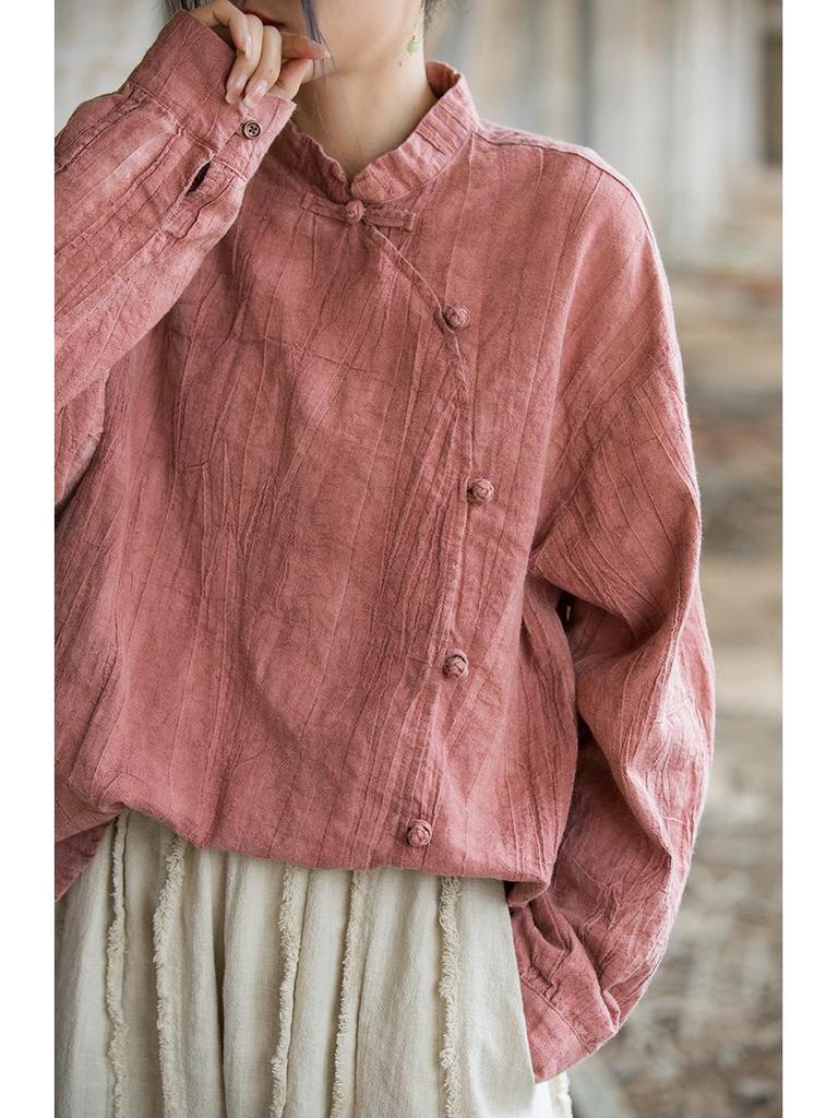 Women's Long-Sleeve Hand-Dyed Ramie Cotton Top with Button Accents - Spring Sun Protection