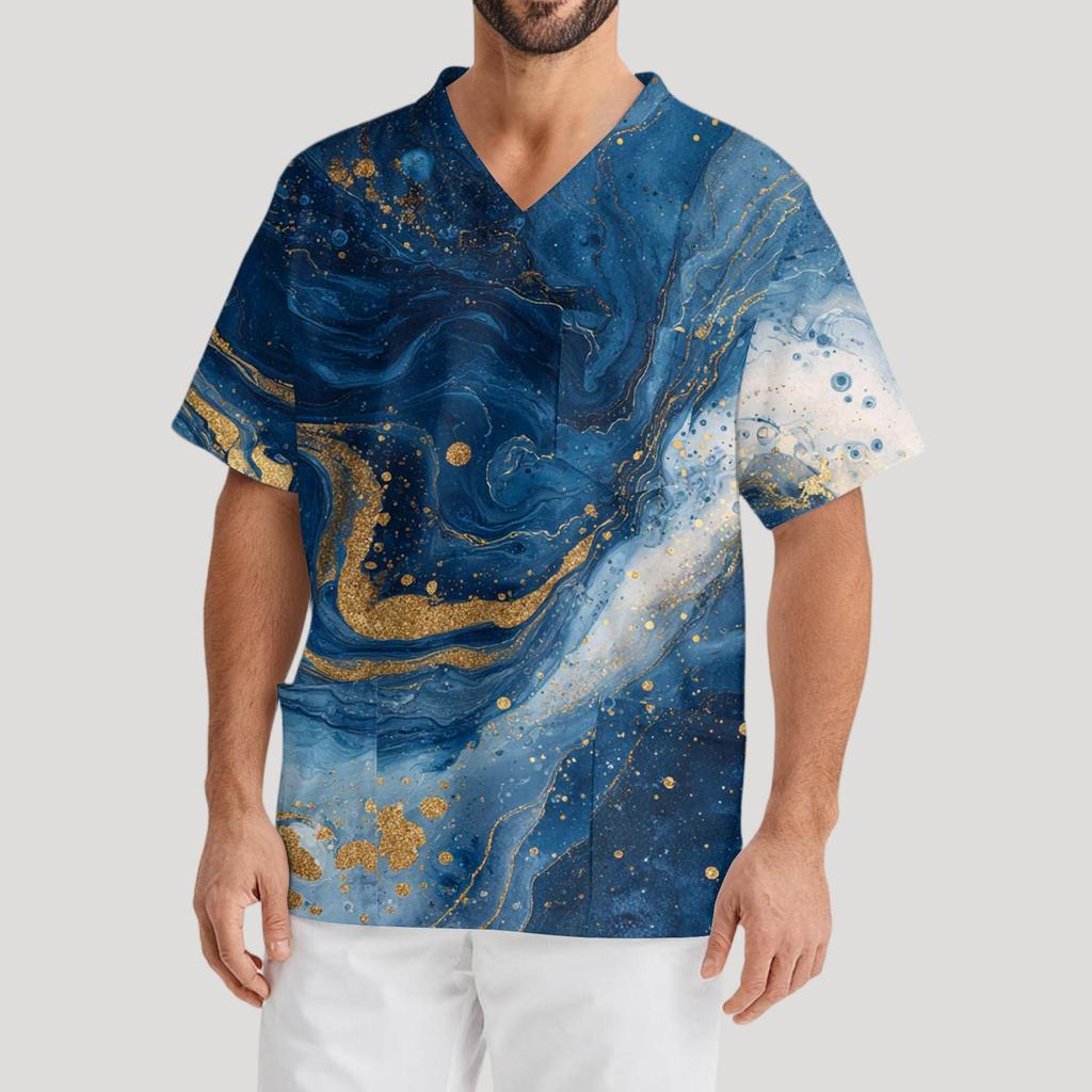 Men's Printing Short Sleeve V-neck Working Blouse Chest Pocket Carer Top