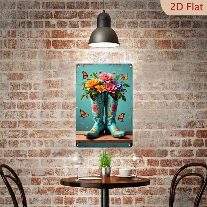Metal Wall Art Vintage Cowboy Boot with Flowers for Living Room Decor