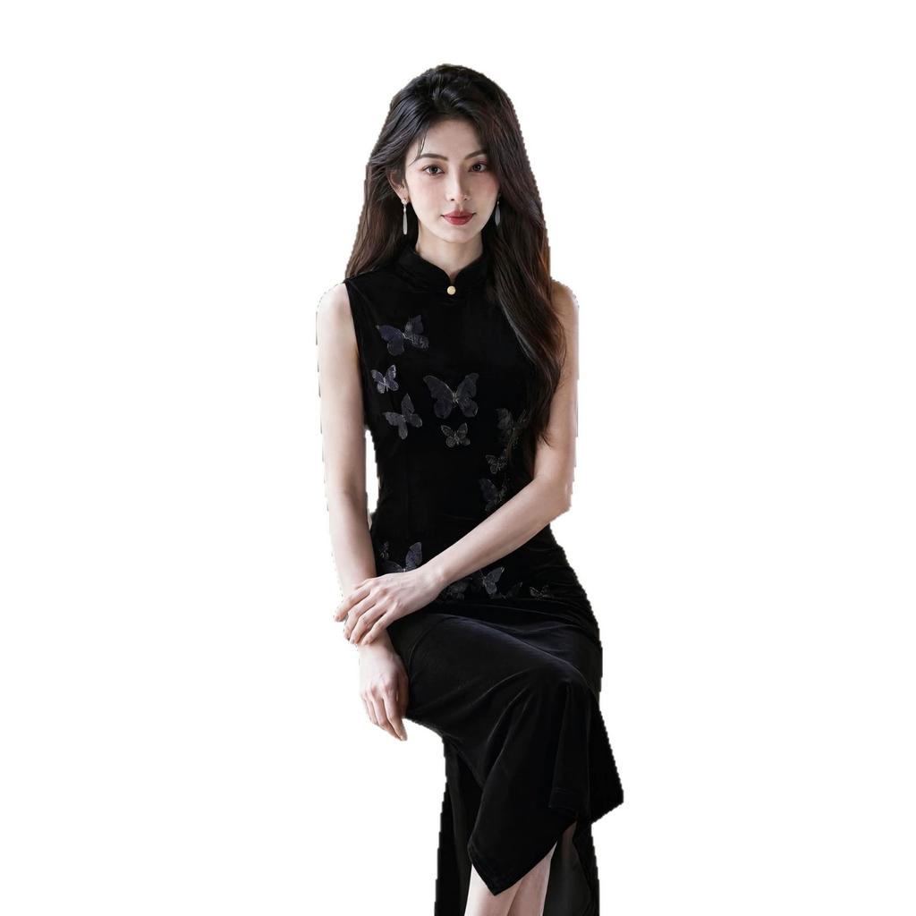 New Chinese-style improved cheongsam women's black sleeveless slim-fitting and thin temperament retro high-end elastic velvet dress
