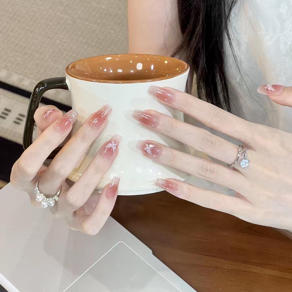 2026 Butterfly Rhinestone Nude Long Wearable Nails - Handmade, Translucent, Sparkling, Perfect for Weddings and Birthdays
