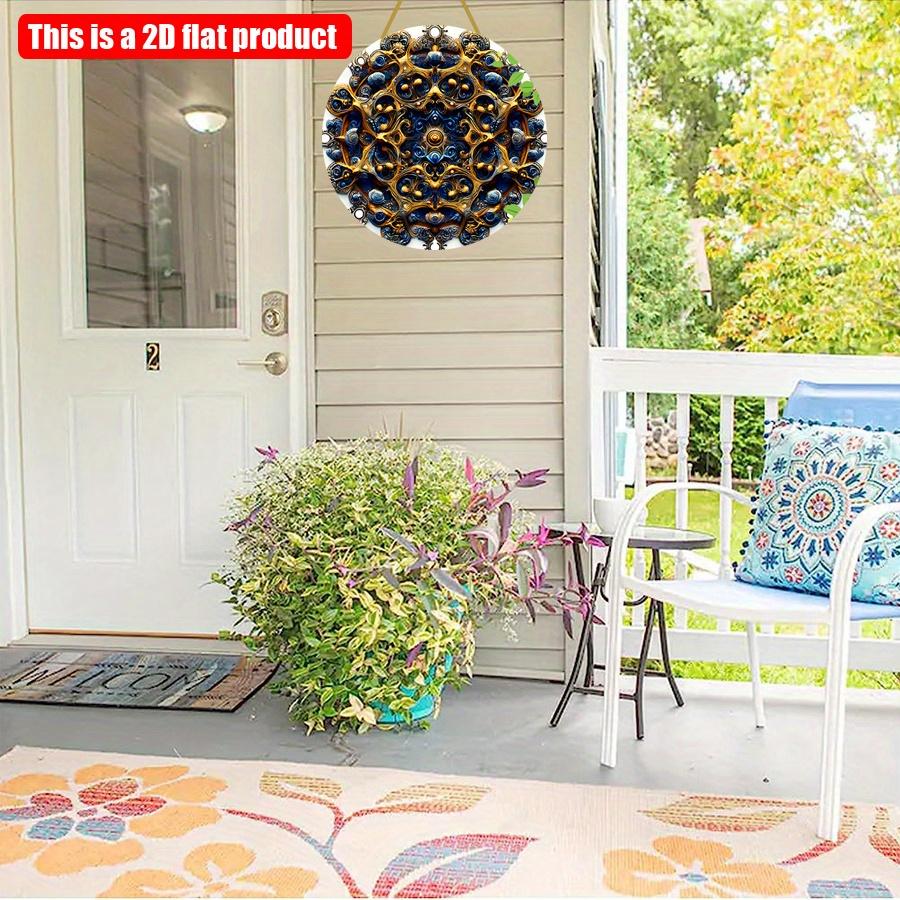 2D Flat 20*20cm 1pc Retro Bright Blue Mandala Patterns Door Signage, Elaborate Round Wall Art Plaque with Gold and Blue Pattern for Bars, Cafes,