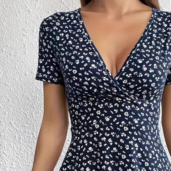 Women's Floral Print Mini Dress Short Sleeve V Neck Flowy Short Dress Summer Beach