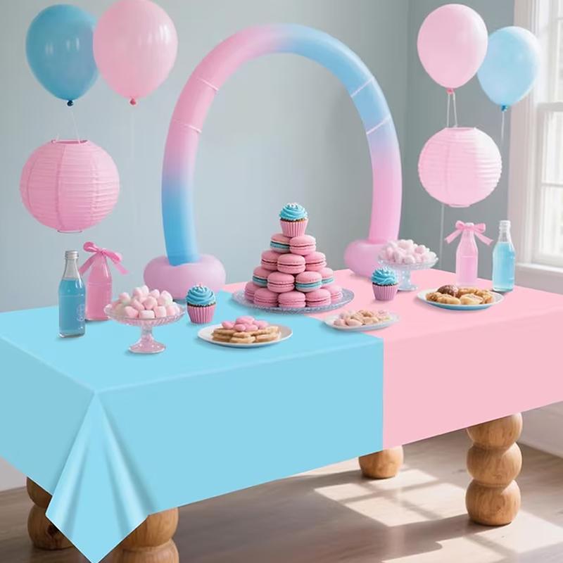 Gender Reveal Tablecloth - Pink & Blue Rectangular Plastic Table Cover, For Baby Shower, Baptism, Birthday Party Decorations