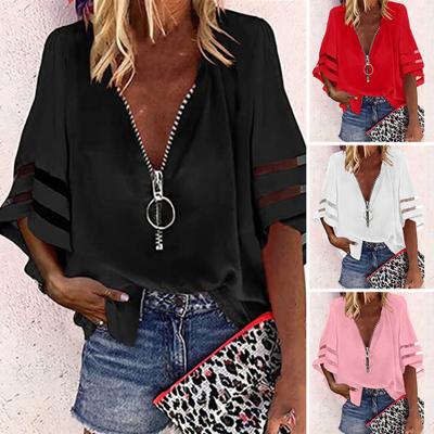 Women T-shirt Pullover Solid Color V-neck See-through Patchwork Daily Wear Zipper