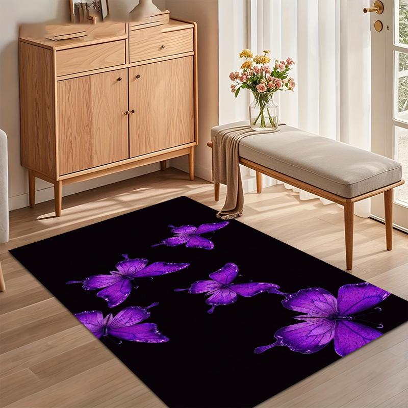 Black Purple Butterfly Area Rug for Living Room Bedroom Whimsical Nature Floral Whimsy Home Decor Non Slip Washable Floor Mat