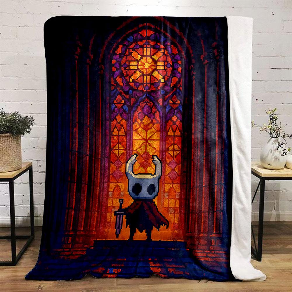 A vibrant stained glass window pattern with warm hues dominates the scene. for all seasons blanket lunch break throw gift