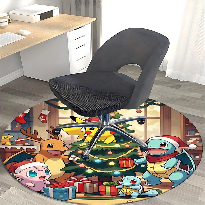 1pc Christmas Pikachu & Friends Round Carpet - Anime Design, Holiday Gift, Office Chair Mat, Non-Slip Rug for Home Decor, Living Room