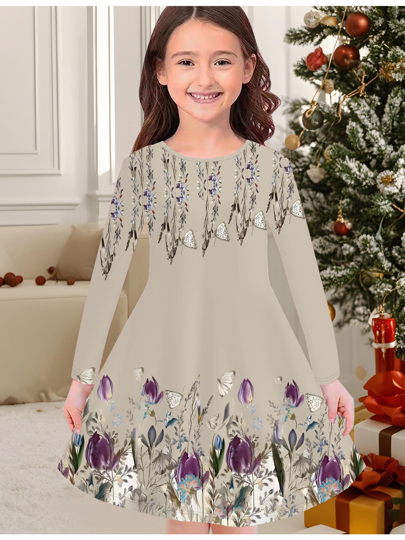 

Модна осіння та зимова сукня для дівчаток, сукня-футболка дитяча з довгим рукавом та круглим вирізом, з 3D квітковим принтом, повсякденна, універсальна, різдвяний одяг 160 сірий