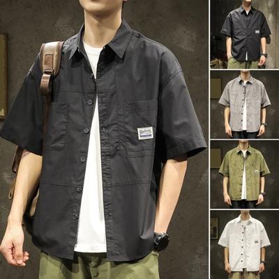 Spring Men Cargo Shirt Turn-down Collar Single-breasted Loose Mid Length Solid Color Chest Pocket Breathable Soft Short Sleeves Streetwear
