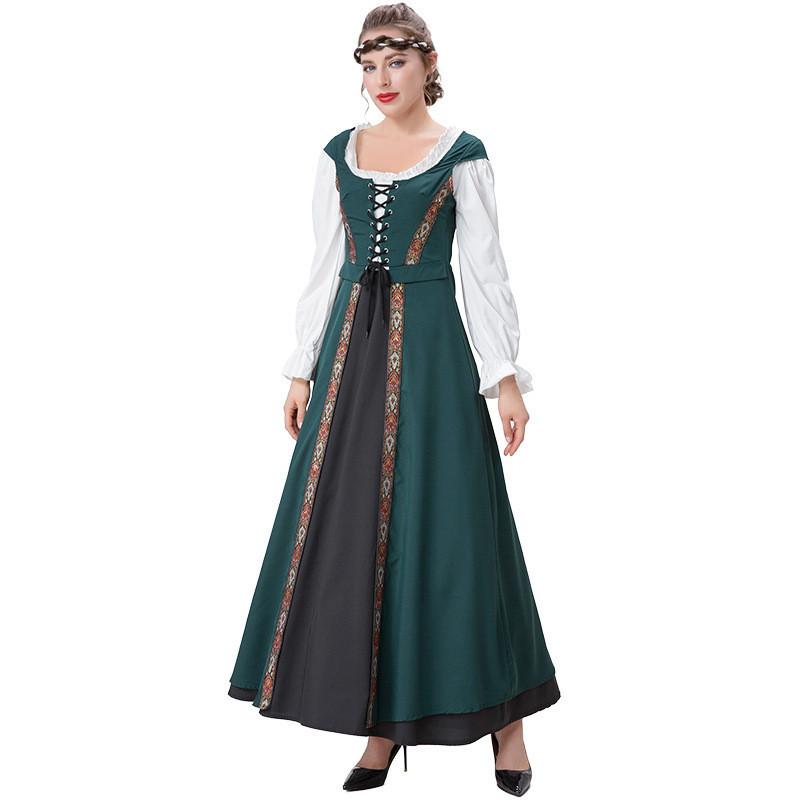 Stylish Renaissance Inspired Square Neck Dress Set In Rich Colors For Theatrical Performances