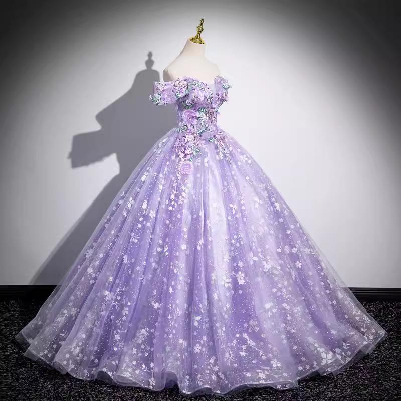 Elegant Off-the-Shoulder Purple Evening Dress with Puffy Skirt for Student Performances or Formal Events