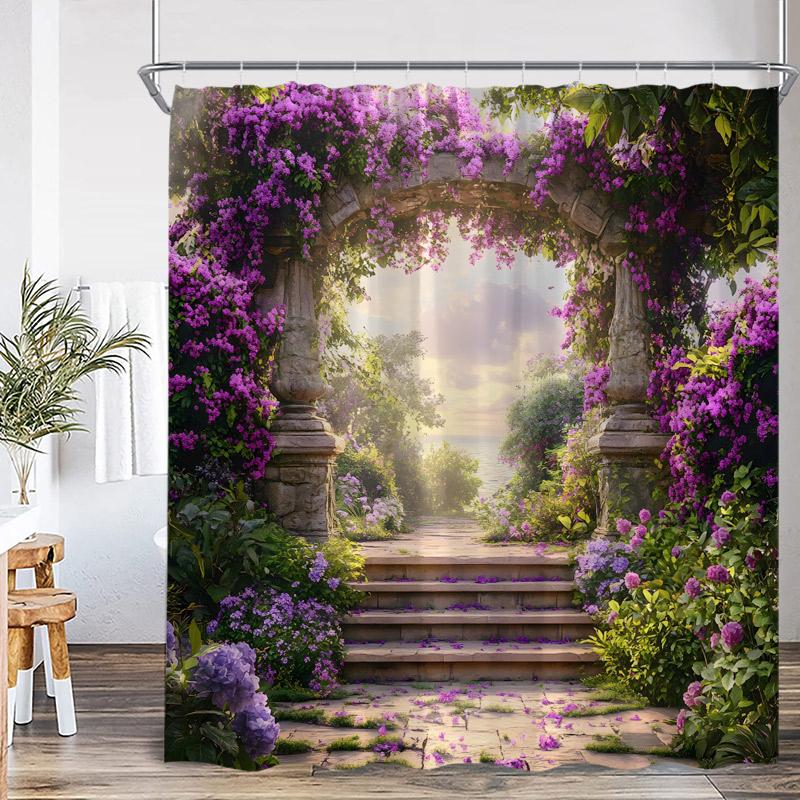 Rustic Landscape Shower Curtains Forest Lake Flowers Vintage Wooden Door Garden Scenery Fabric Home Bathroom Curtain Decor Set