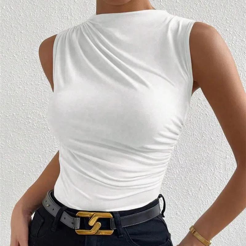 Spring and Summer New Fashionable and Versatile Solid Color Pleated Sleeveless Head Half High Neck T-shirt