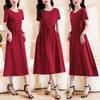 Elegant Plus Size Cotton Silk Knee-Length Dress with Waist Cinch for Middle-Aged Women