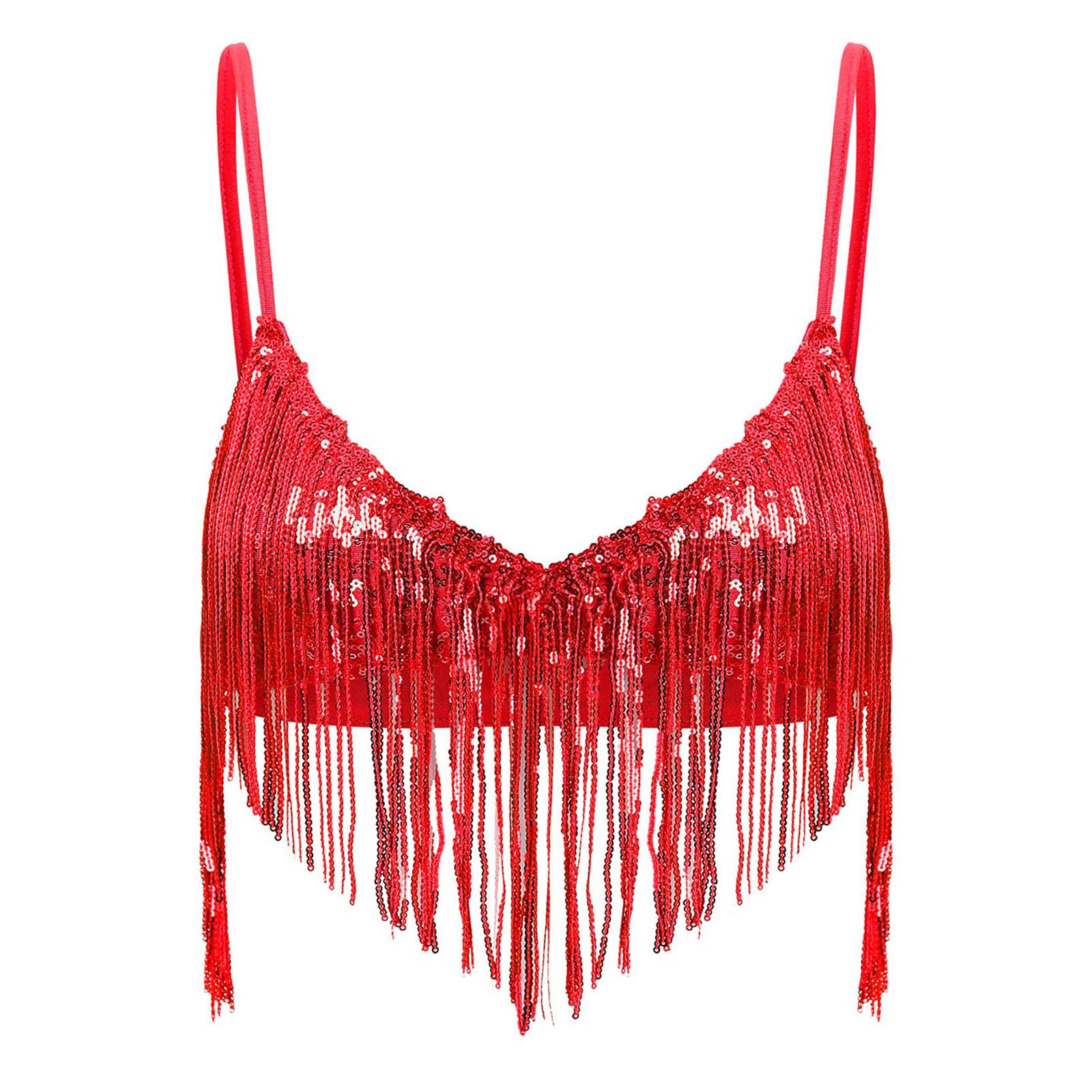

Womens Shiny Sequin Tassel Bra Tops Swing Sequin Fringe No Pad Wireless Bralette Bra Clubwear Dancewear S червоний