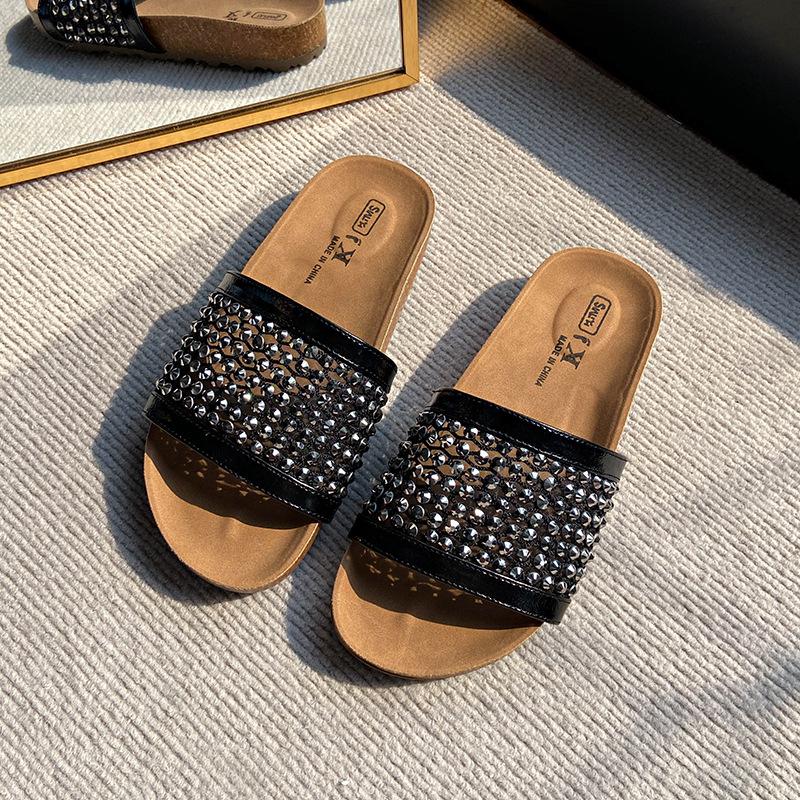 Mesh breathable rhinestone sleeve toe slippers women's summer wear casual vacation style with skirt beach sandals