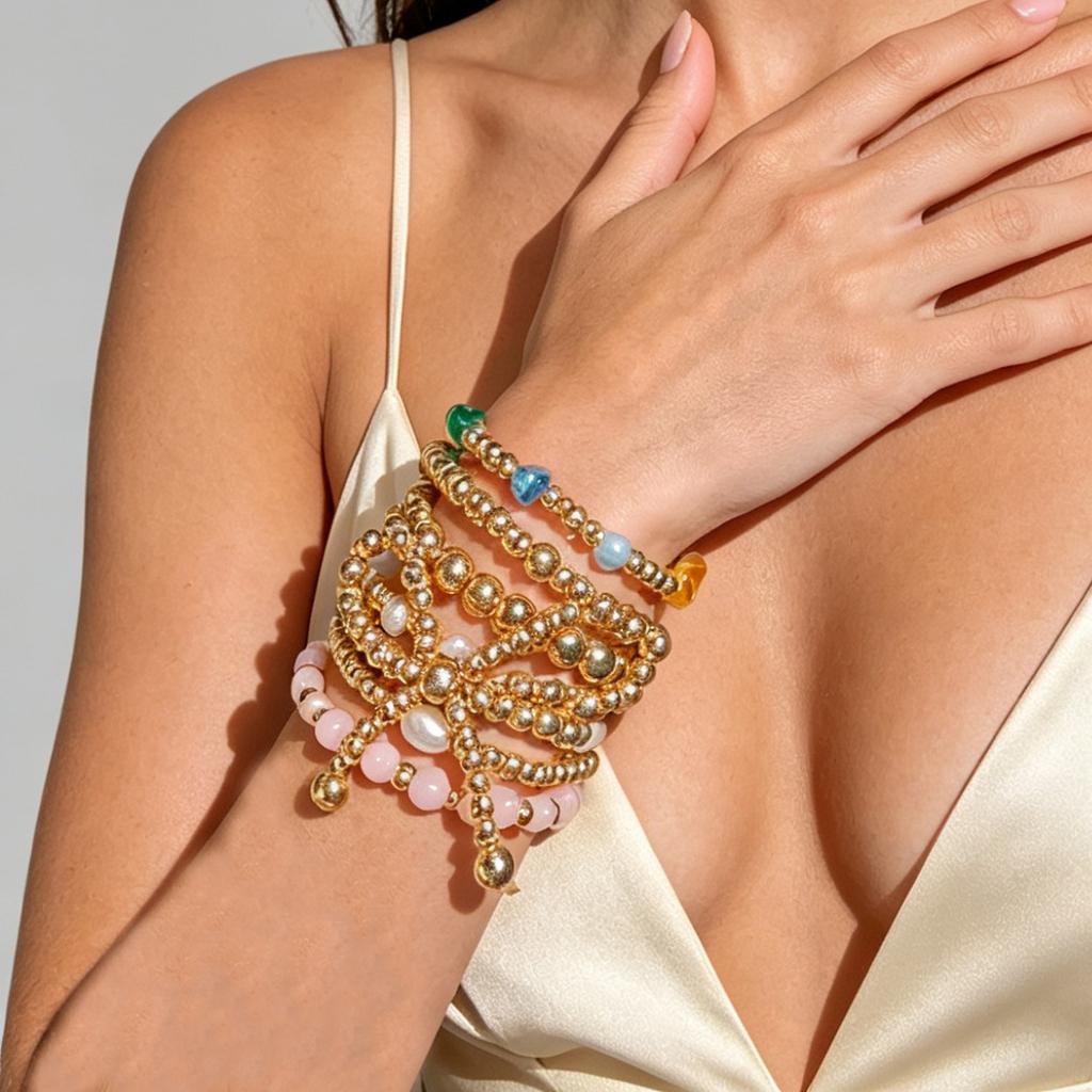 Women's Bohemian Style Color Natural Stone Beaded Gold-plated Gold Beads Multi-layer Stacked Elastic Bracelet Anti-allergy Gift