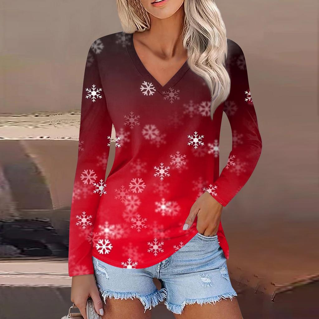 Women's Casual Fashion Sexy Comfortable Christmas Printed V-Neck Long Sleeve Top