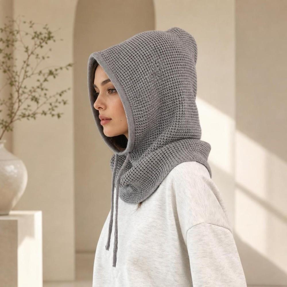 Drawstring Closure Neck Warmer Hat Thick Knit Winter Pullover Hat  For Women Man
