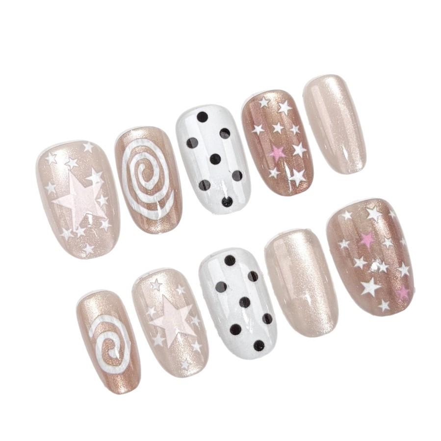 Korean Polka Dot Star Cat Eye Press-On Nails - Short Oval Stickers