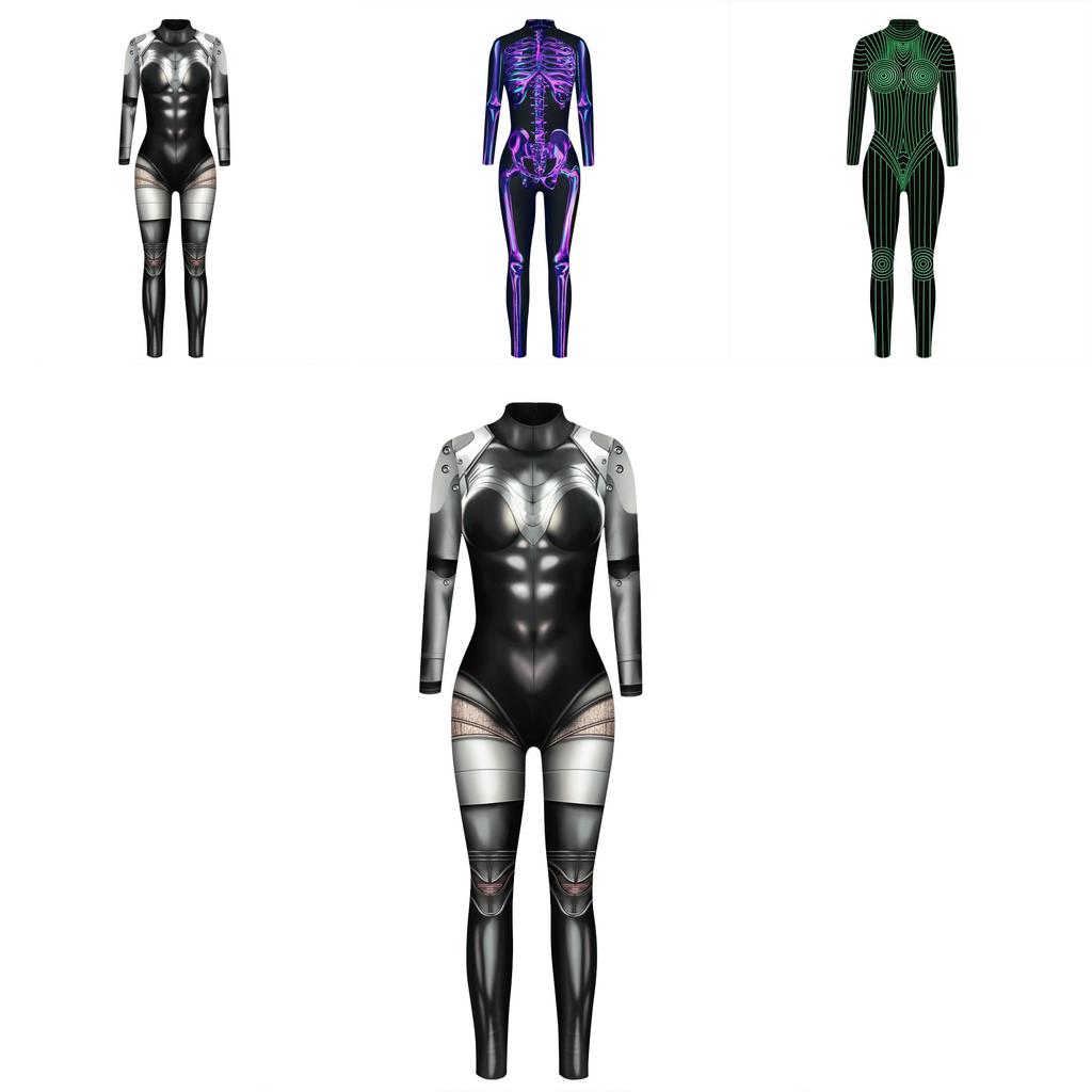 Metallic Skull Bodysuit With 3d Digital Print For Halloween Cosplay And Fantasy Dressup