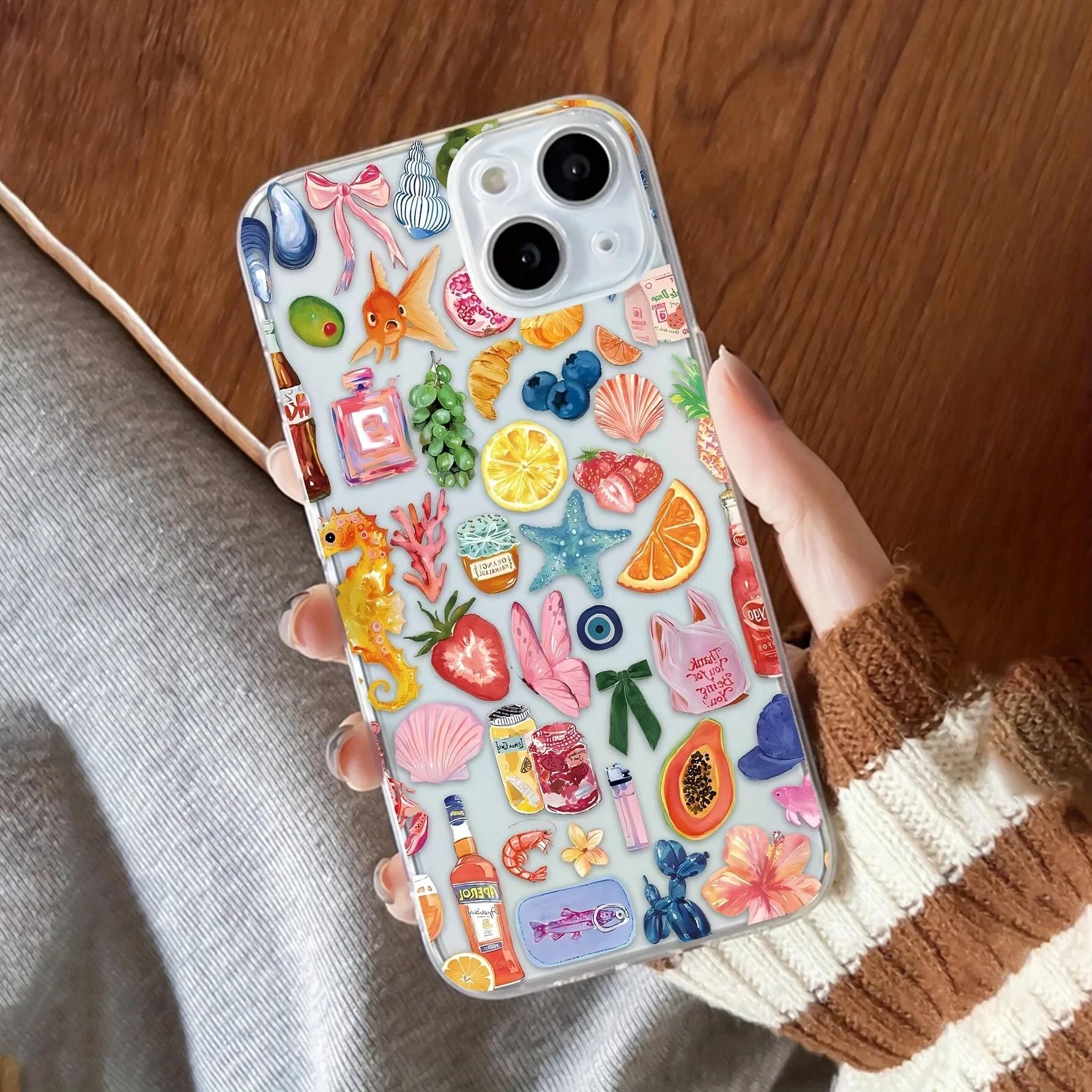 

Прозрачный противоударный чехол для телефона с рисунком морских фруктов для iPhone 16 15 14 13 12 11 Pro Max, прозрачная мягкая накладка For iphone 15