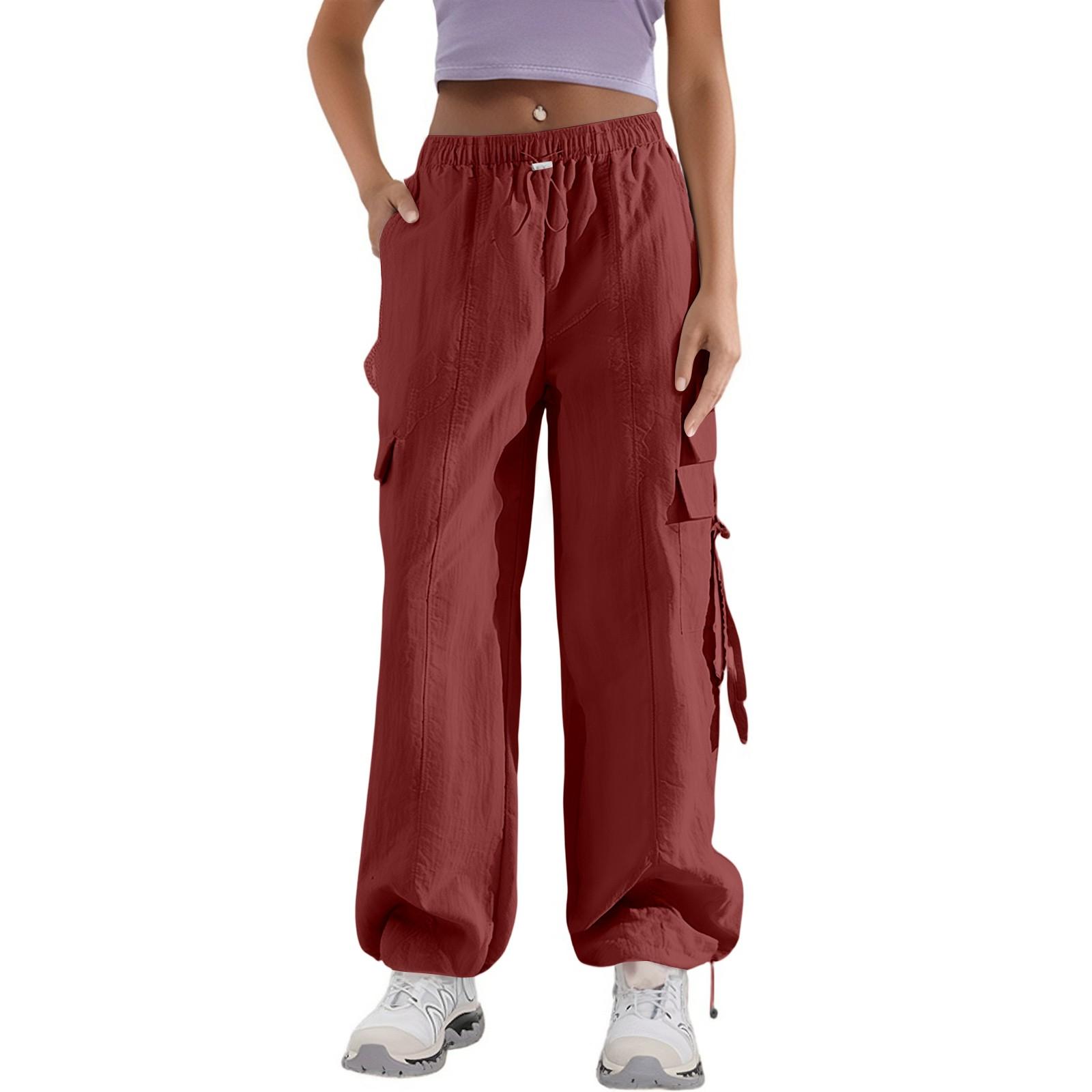 

Женские летние тонкие свободные брюки прямого кроя с несколькими карманами, высокой посадкой и широкими штанинами, быстросохнущие спортивные брюки (Обычный стиль) XL винный