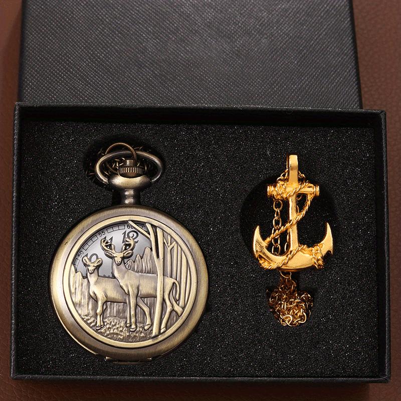 2pcs/set, Pocket Watch Set,1pc Quartz Movement Pocket Watch & 1pc Fashion Golden Anchor Necklace, Durable Accessories, Father's Day,Best Gift for Men.