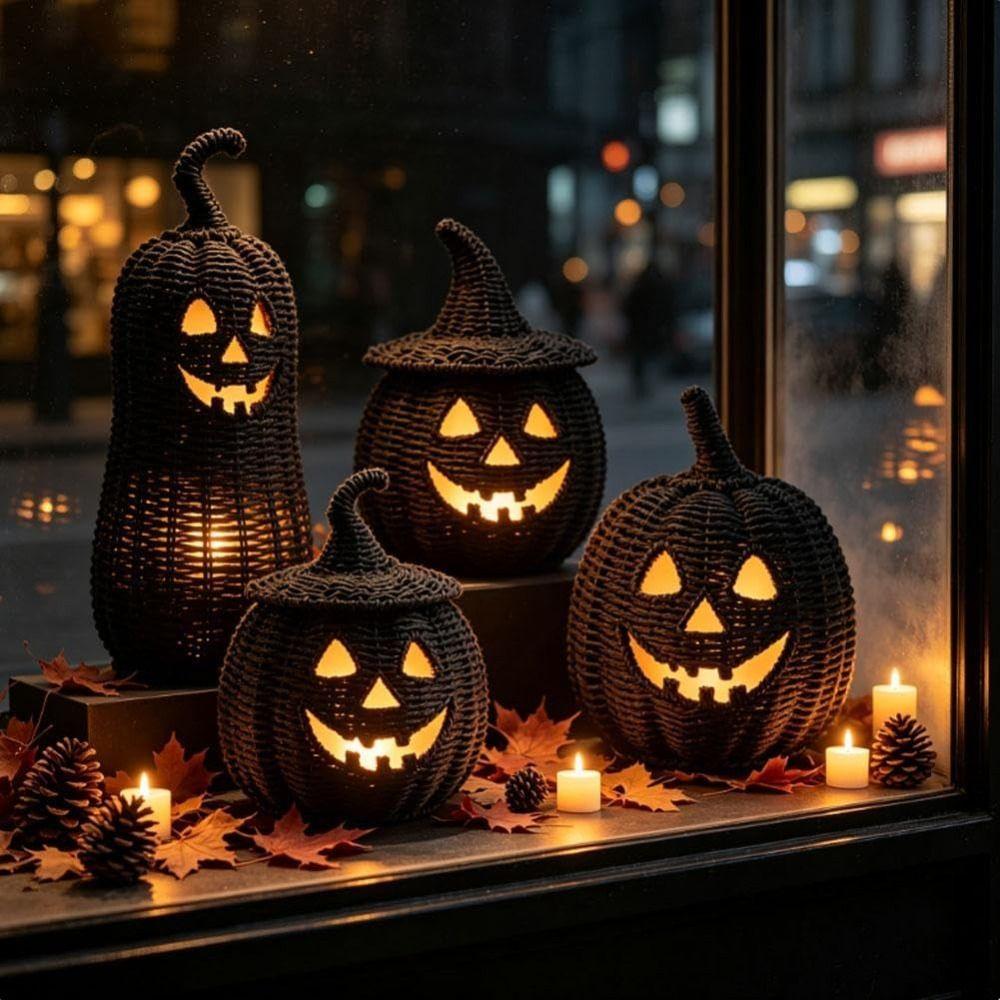 with LED Candle Black Jack-O Lantern Resin Halloween Pumpkin Lantern  Halloween Decoration