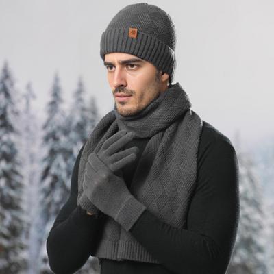 Men's Winter Hat Scarf Gloves Set 3 Pcs Warm Skull Cap Long Scarf Fleece Lined Gloves Set for Cold Weather