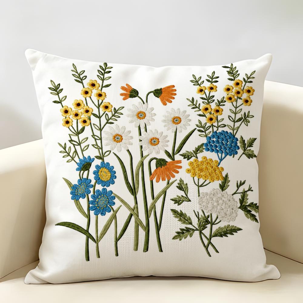 Federa Cuscino Fiori Ricamati Colorati Lino Naturale Tessuto Biologico Stampa Double-Face Traspirante Perfetta Per Arredo Casa