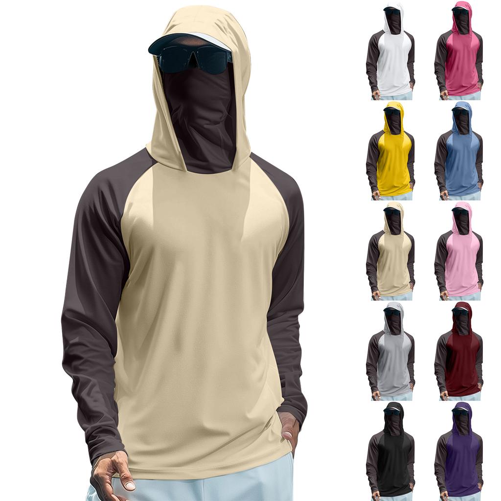 Men's Summer Color Matching Quick-drying Long-sleeved T-shirt Sun Clothing Fishing Fitness Sports Hooded Long-sleeved Top