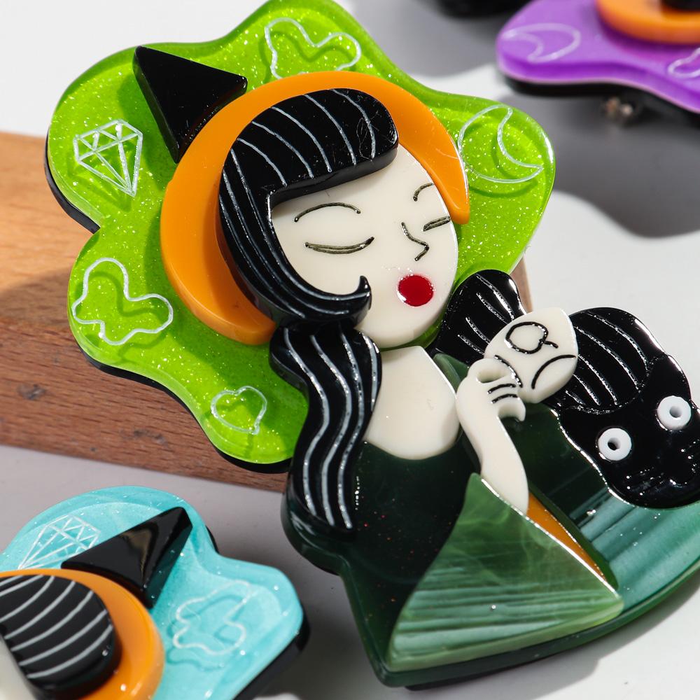 New Cute Coffee Girl Cat Acrylic Brooches for Women Cartoon Hat Lady Figure Badges Pins Female Office Jewelry Accessories Gifts