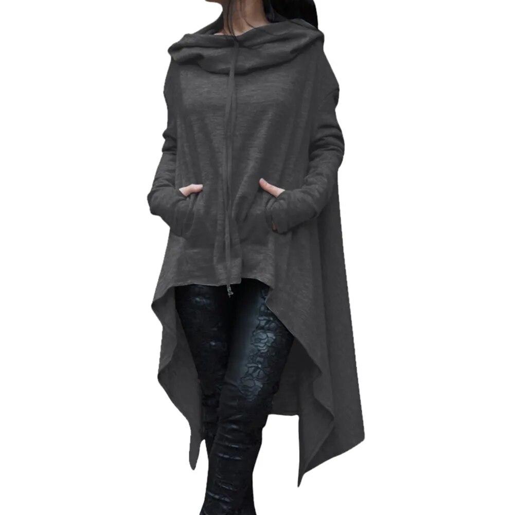 Felpa con cappuccio da donna in misto cotone tinta unita con orlo asimmetrico con coulisse Cappotto poncho allentato per felpa con cappuccio da donna