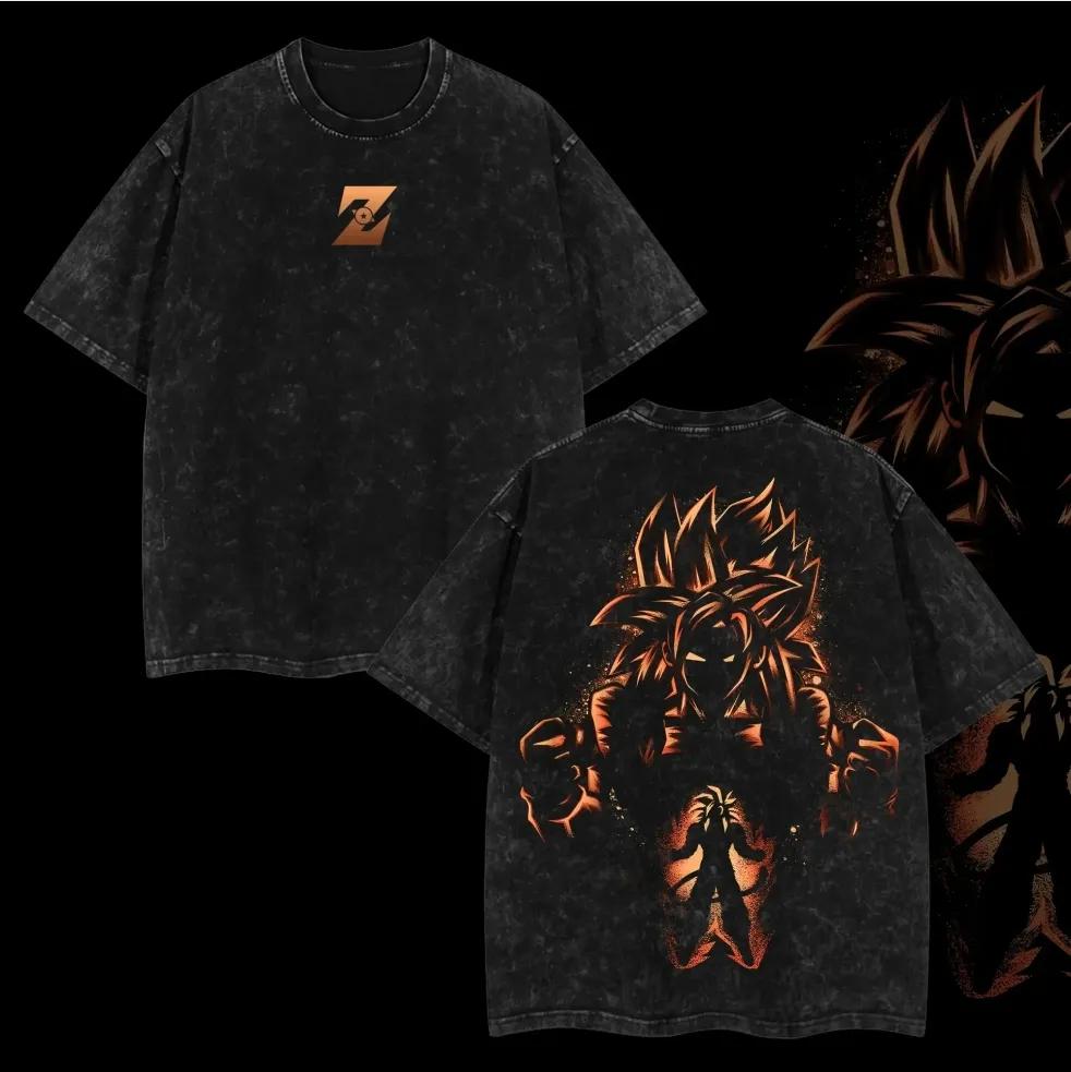 

Goku T Shirt SSJ4 Men Acid Wash Oversized Anime Golden Z Logo Silhouette Cotton Vintage Gym Streetwear Graphic Back Top Tee M