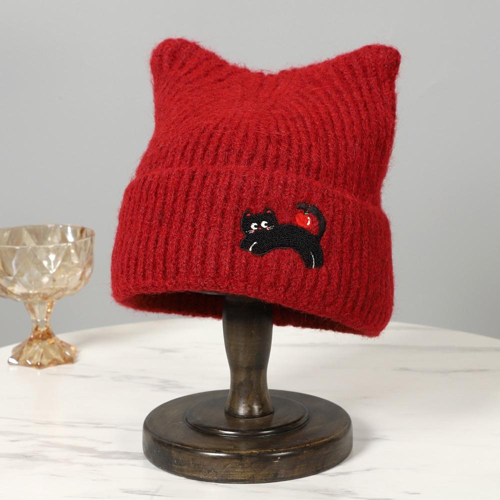 Embroidered Cat Cat's Ears Knitted Hat Soft Woolen Hat Sweet Warm Cap  Outdoor