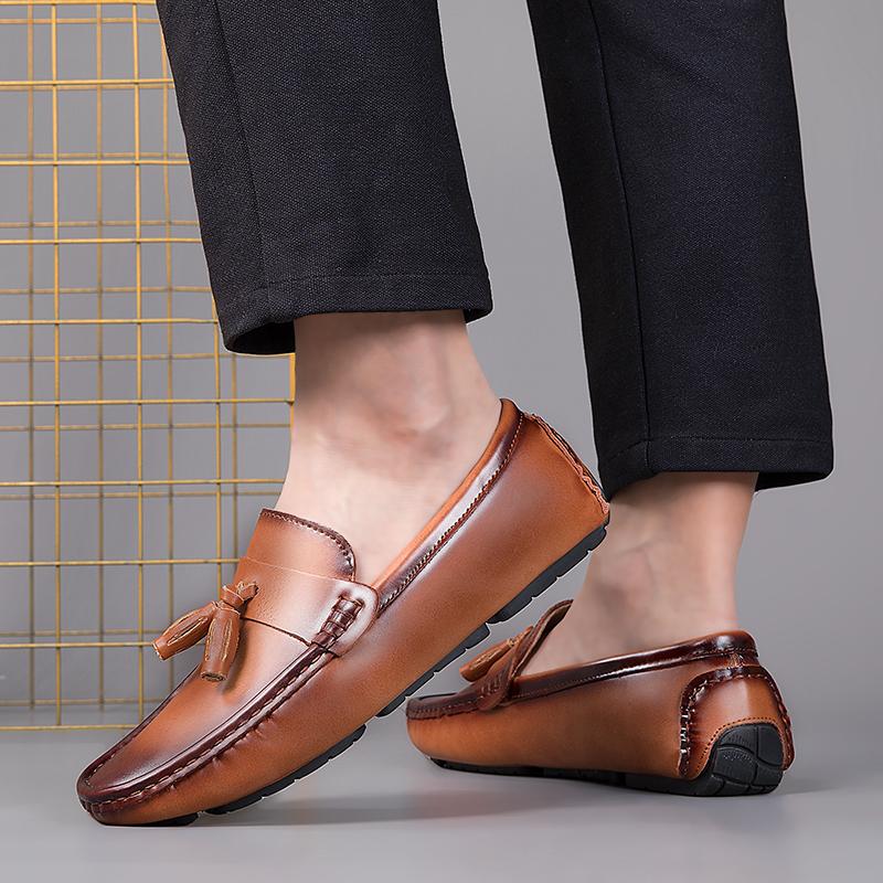 Italienische Herrenschuhe Lässige Marken Slipper Formell Luxusschuhe Herren Quasten-Loafer Mokassins Echtes Leder Braun Fahrschuhe