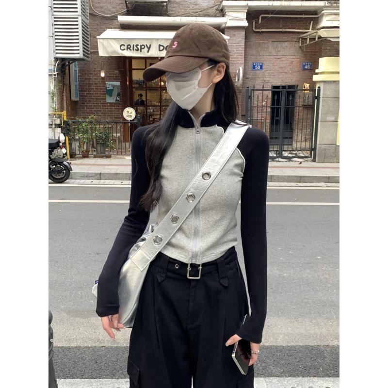 

Stand-up collar retro shoulder sleeve top women s spring new slim-fitting contrasting color splicing zipper long-sleeved jacket L сірий колір