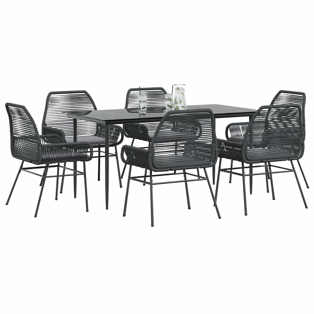 7 Piece Outdoor Dining Set with Cushions Black Poly Rattan Glass Table