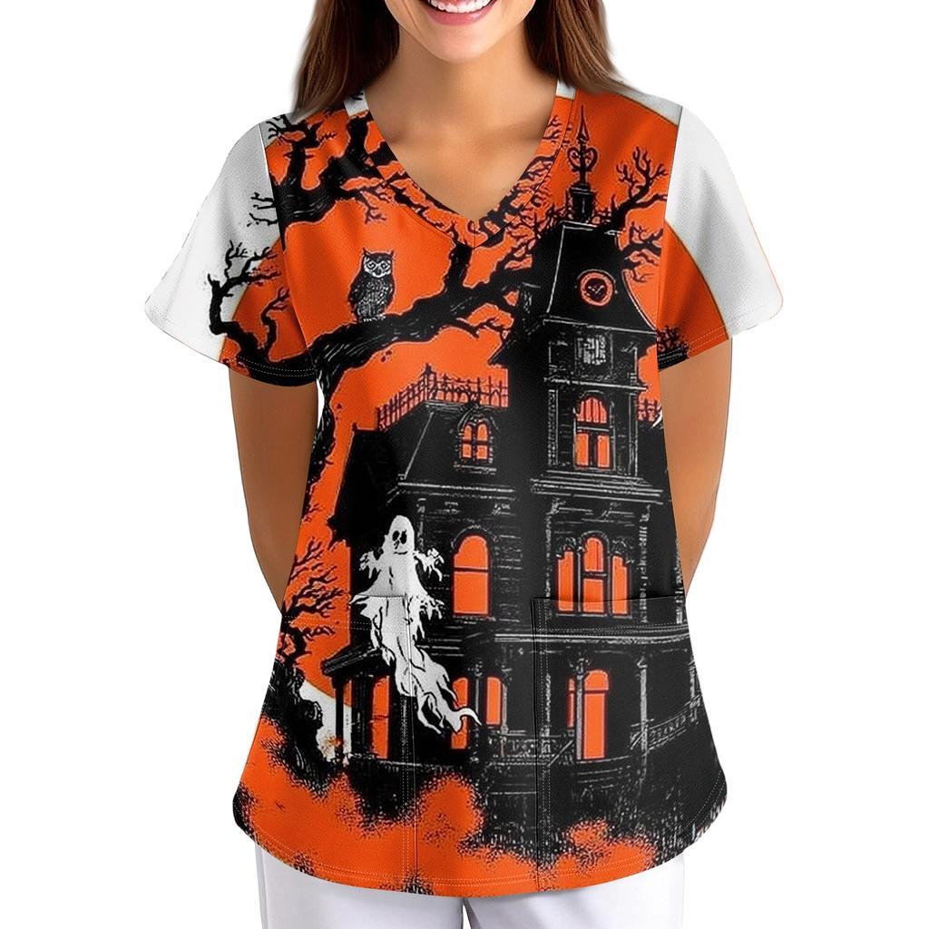 Women's Halloween Print Loose Fit V-Neck Short Sleeve Uniform Top with Pockets