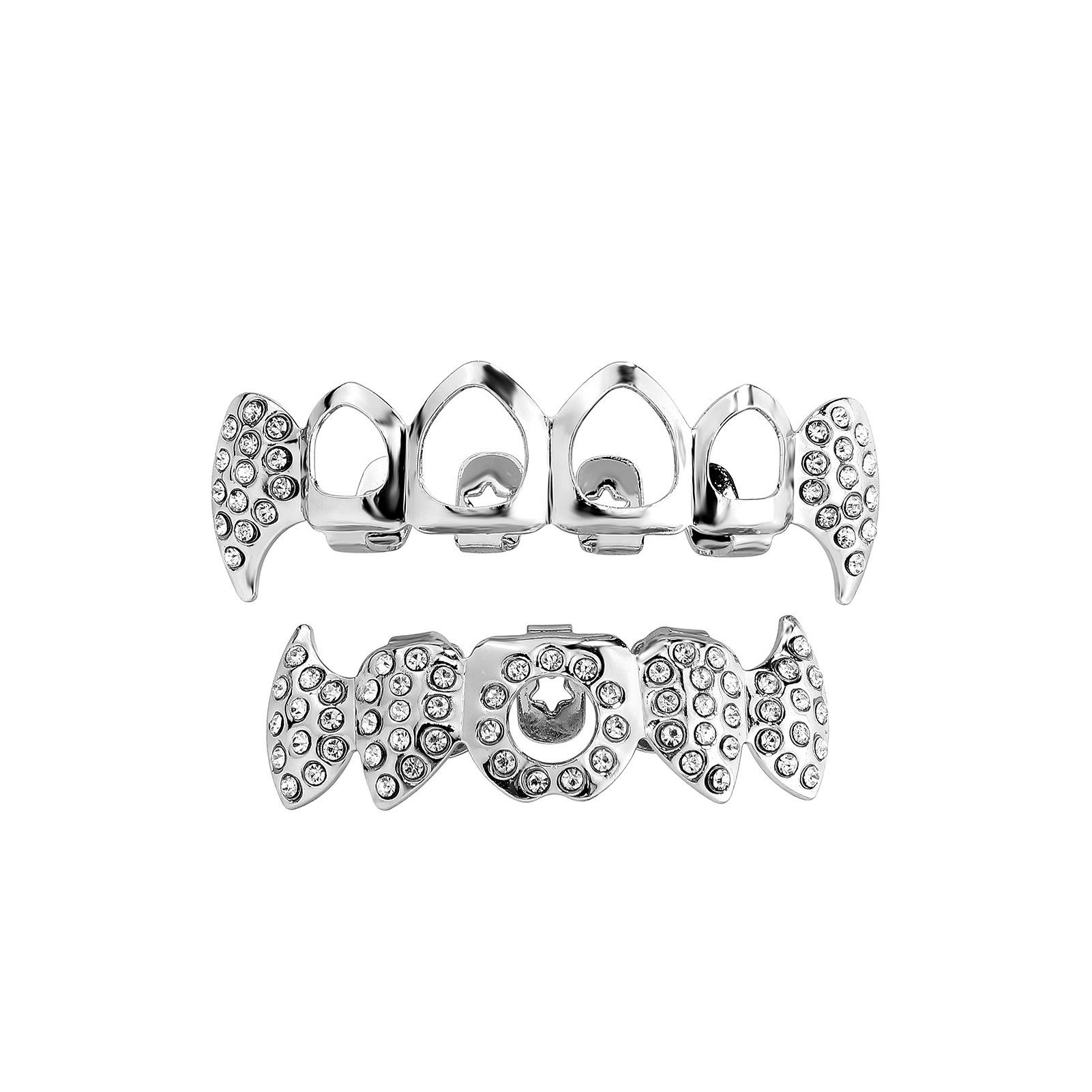 

European-American Hip-Hop Zircon-Inlaid Grillz with Hollow Zombie Tooth Design срібний