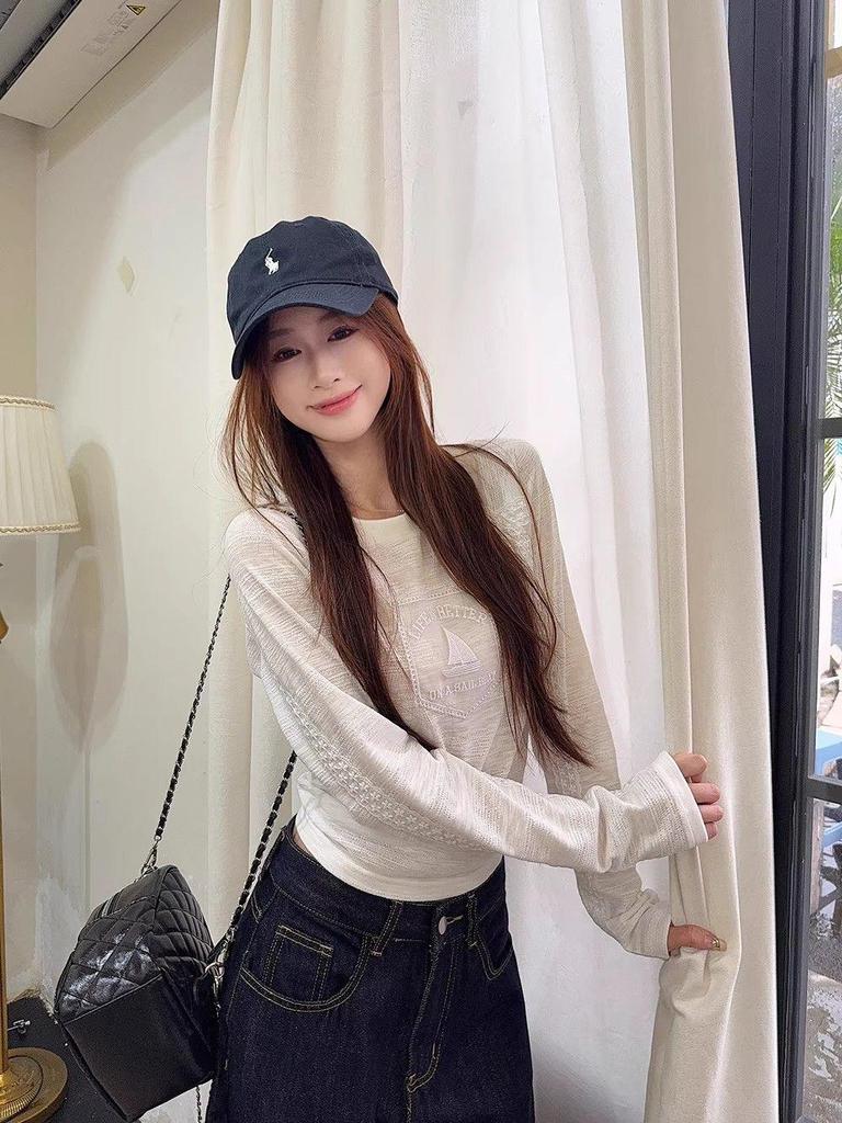 Women's White Lace Patchwork Sailboat Embroidered Long Sleeve T-shirt - Korean Style Early Autumn Versatile Top