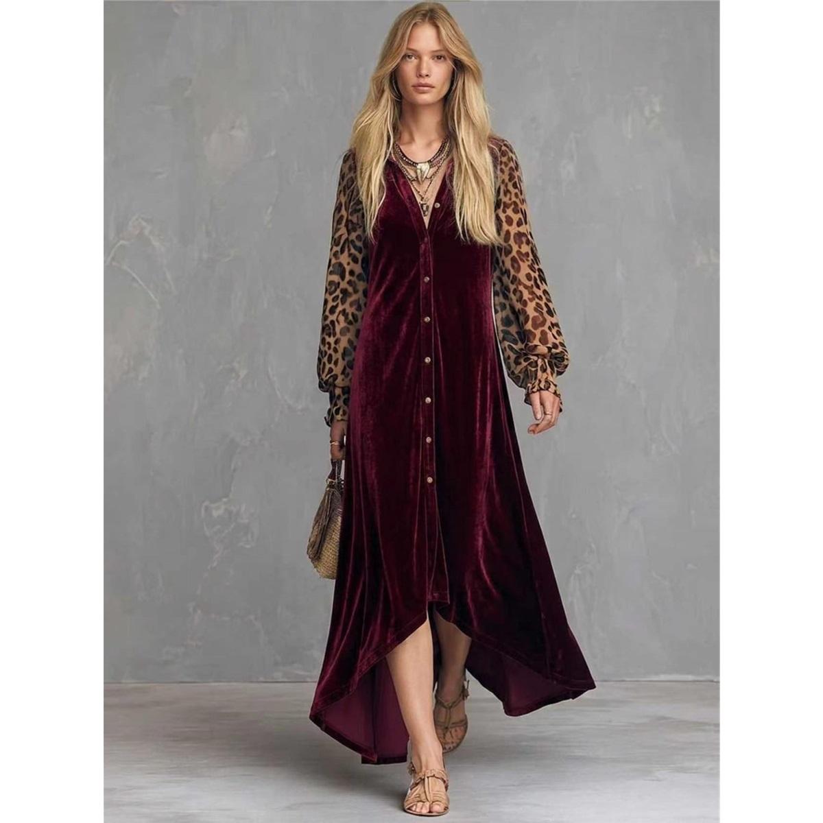 Robe Longue Velours Femme Col en V Imprimé Léopard Patchwork Manches Longues Bouffantes Fermeture Boutonnée Ourlet Irrégulier Robes Longues de Soirée S bordeaux