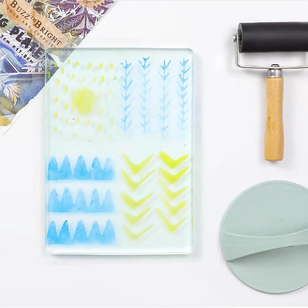 BuzzBright Gel Printing Plate kit, Complete Printmaking Set with 5”X7” Gelatin Plate, Brayer, Printmaking Paper, Acrylic Paint and Essential