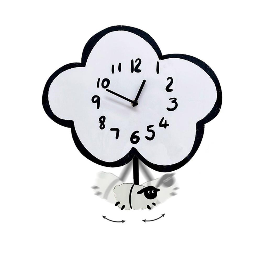 Cartoon Cloud Sheep Mute Wall Clock with Swinging Pendulum Battery Operated for Children Bedroom Living Room Home Decors