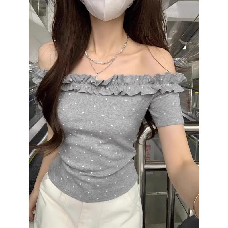 Design Hot Girl's Short Polka-dot Short-sleeved Summer New One-word Chic Slim Top
